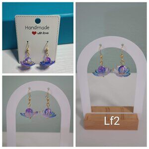 Lotus Flower Earrings Blue Purple Gold Petals with Crackle Glass Beads